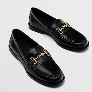 Massimo Dutti Black Leather Loafers with Gold Detail